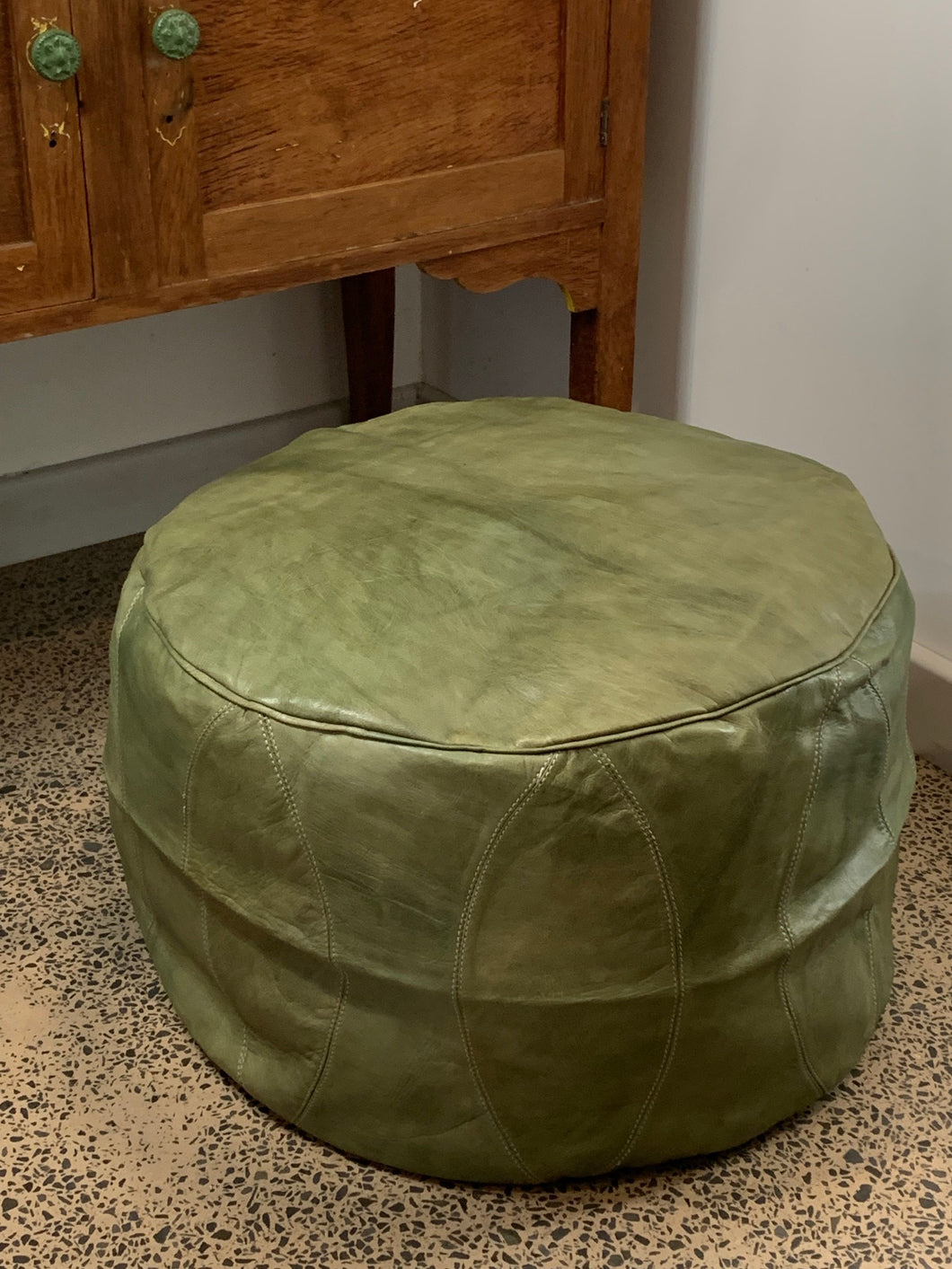 Round Moroccan Pouf OLIVE GREEN